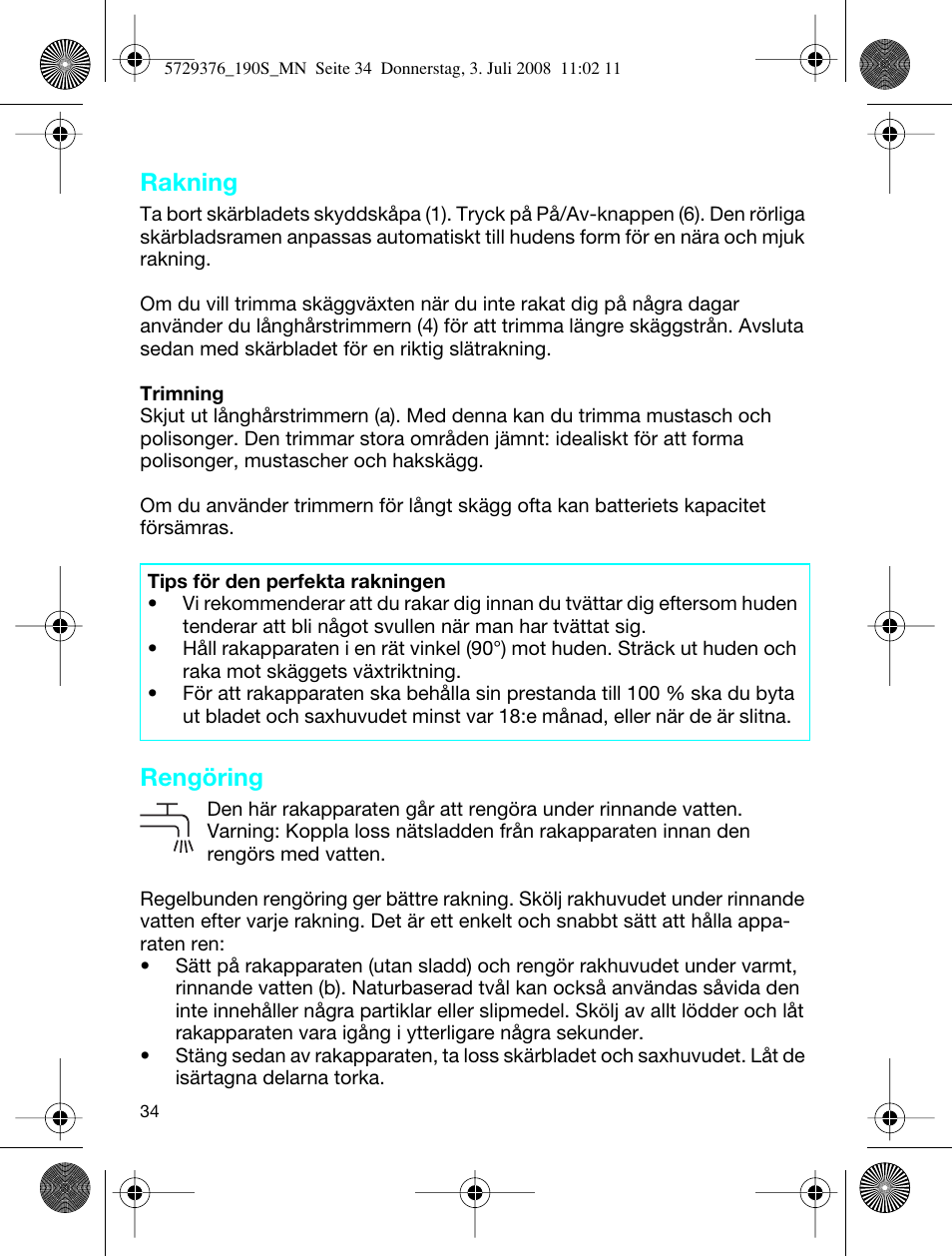 Rakning, Rengöring | Braun 190 S User Manual | Page 33 / 51