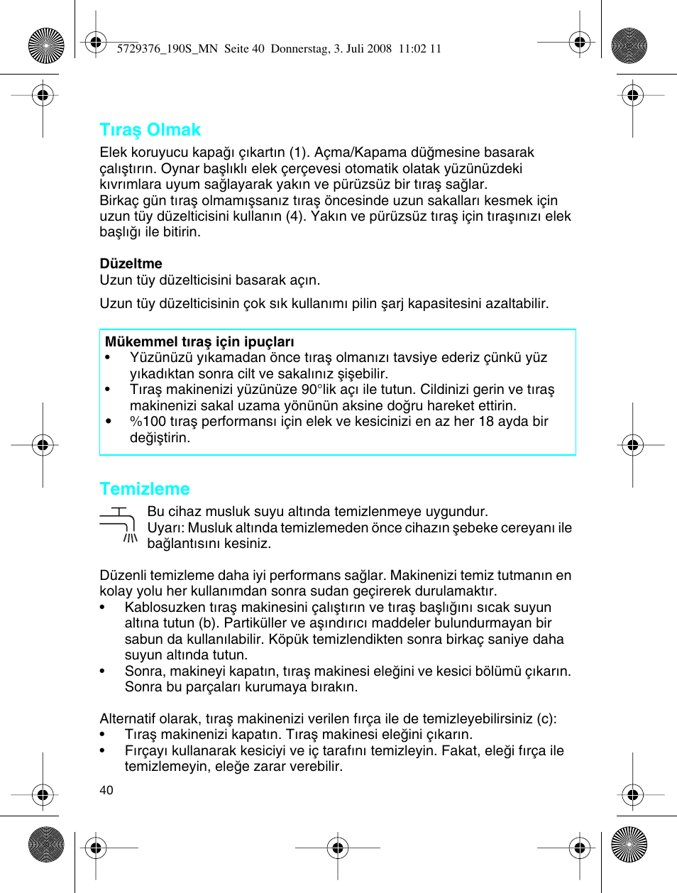 Tıraµ olmak, Temizleme | Braun 190 S User Manual | Page 39 / 51