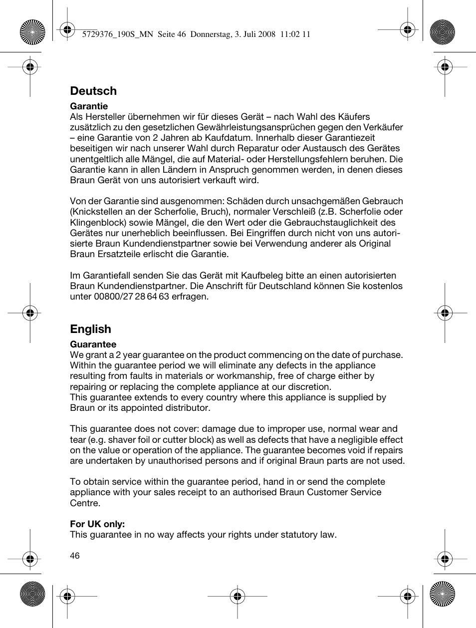 Deutsch, English | Braun 190 S User Manual | Page 45 / 51