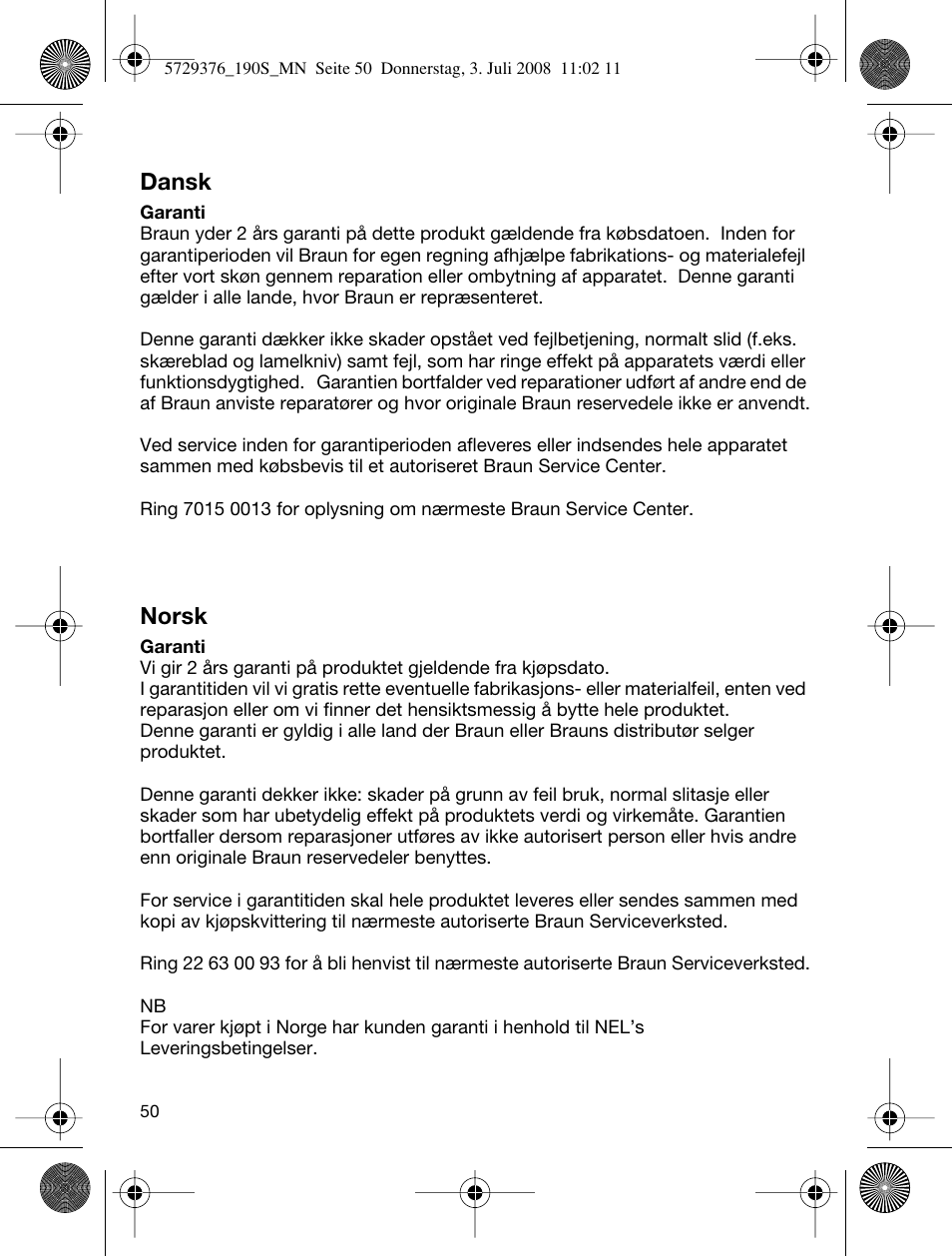 Dansk, Norsk | Braun 190 S User Manual | Page 49 / 51