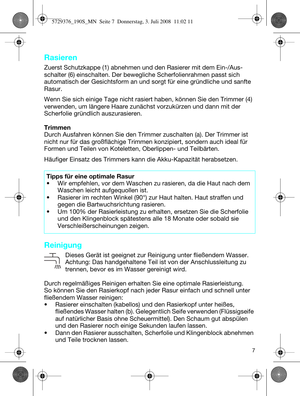 Rasieren, Reinigung | Braun 190 S User Manual | Page 6 / 51