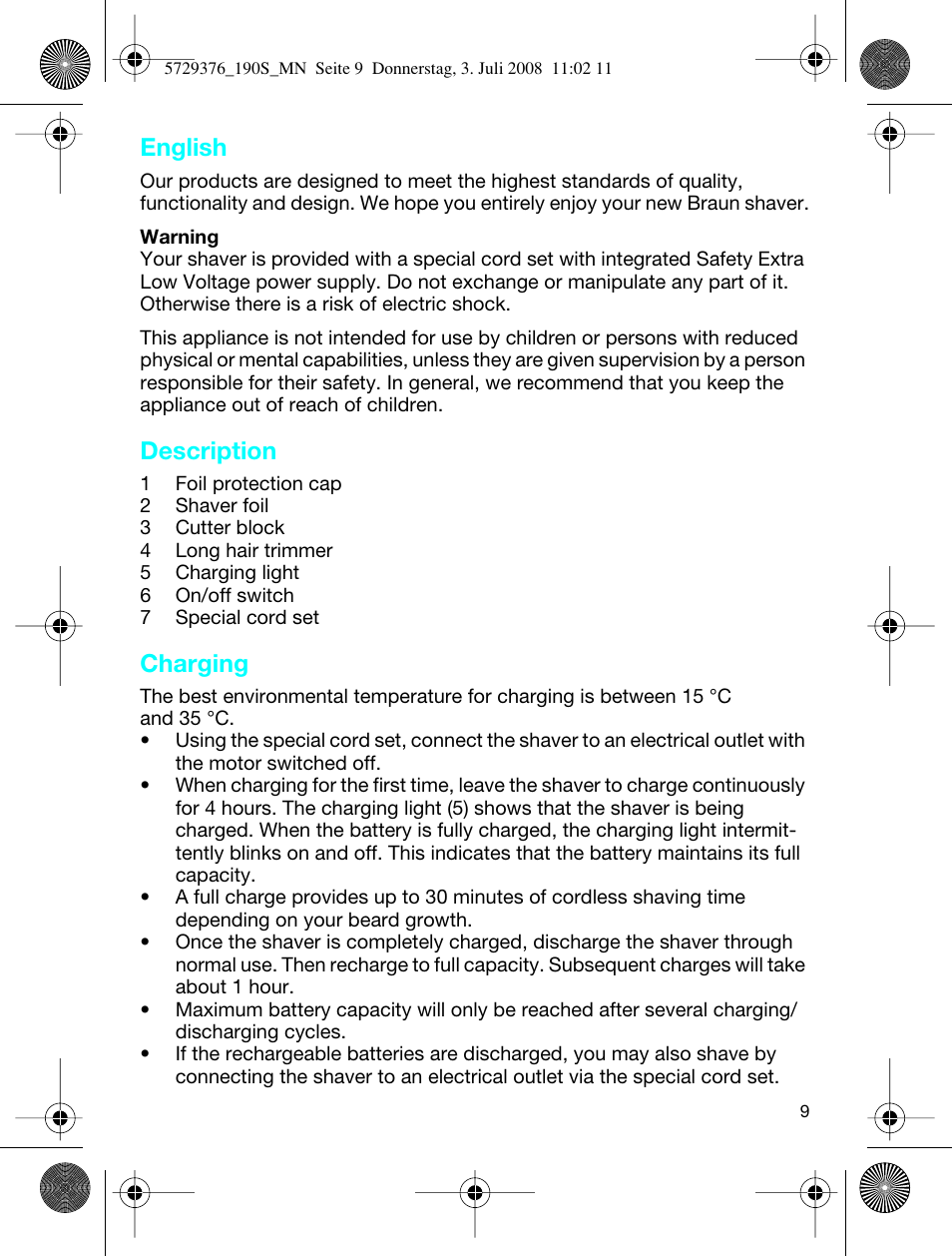 English, Description, Charging | Braun 190 S User Manual | Page 8 / 51