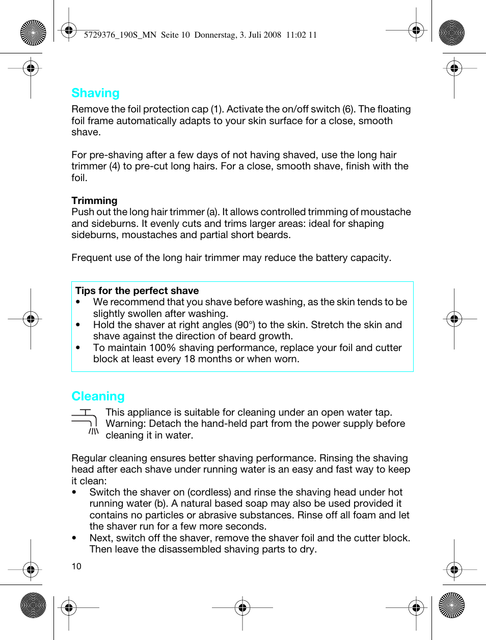 Shaving, Cleaning | Braun 190 S User Manual | Page 9 / 51