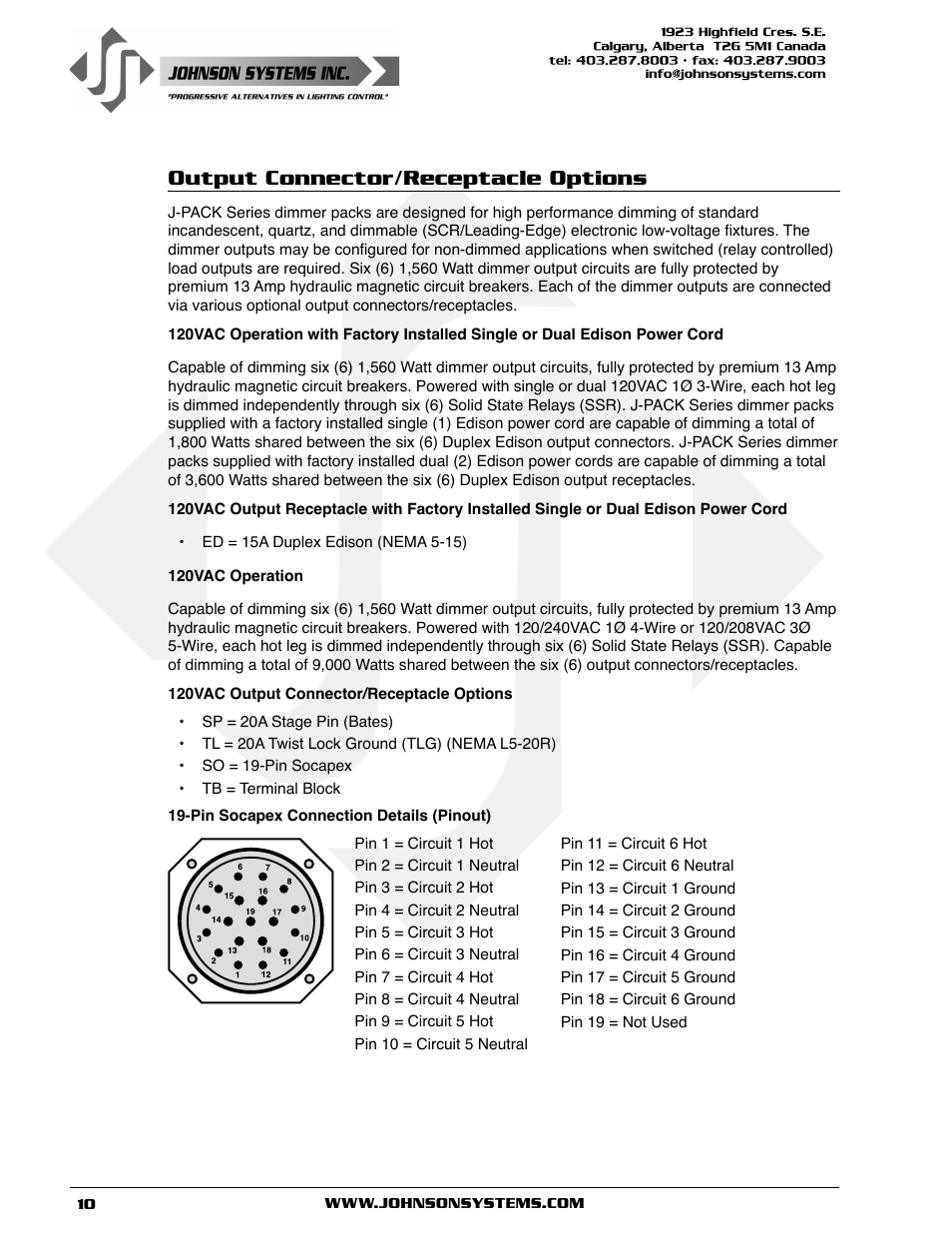 Output connector/receptacle options | Johnson Systems J-PACK Series Dimmers User Manual | Page 10 / 32