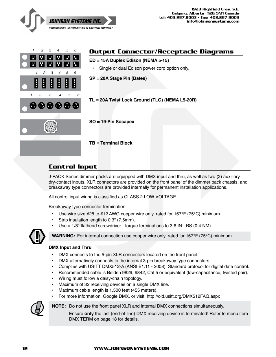 Output connector/receptacle diagrams control input, Control input, Output connector/receptacle diagrams | Johnson Systems J-PACK Series Dimmers User Manual | Page 12 / 32