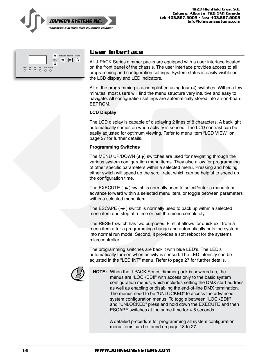 User interface | Johnson Systems J-PACK Series Dimmers User Manual | Page 14 / 32