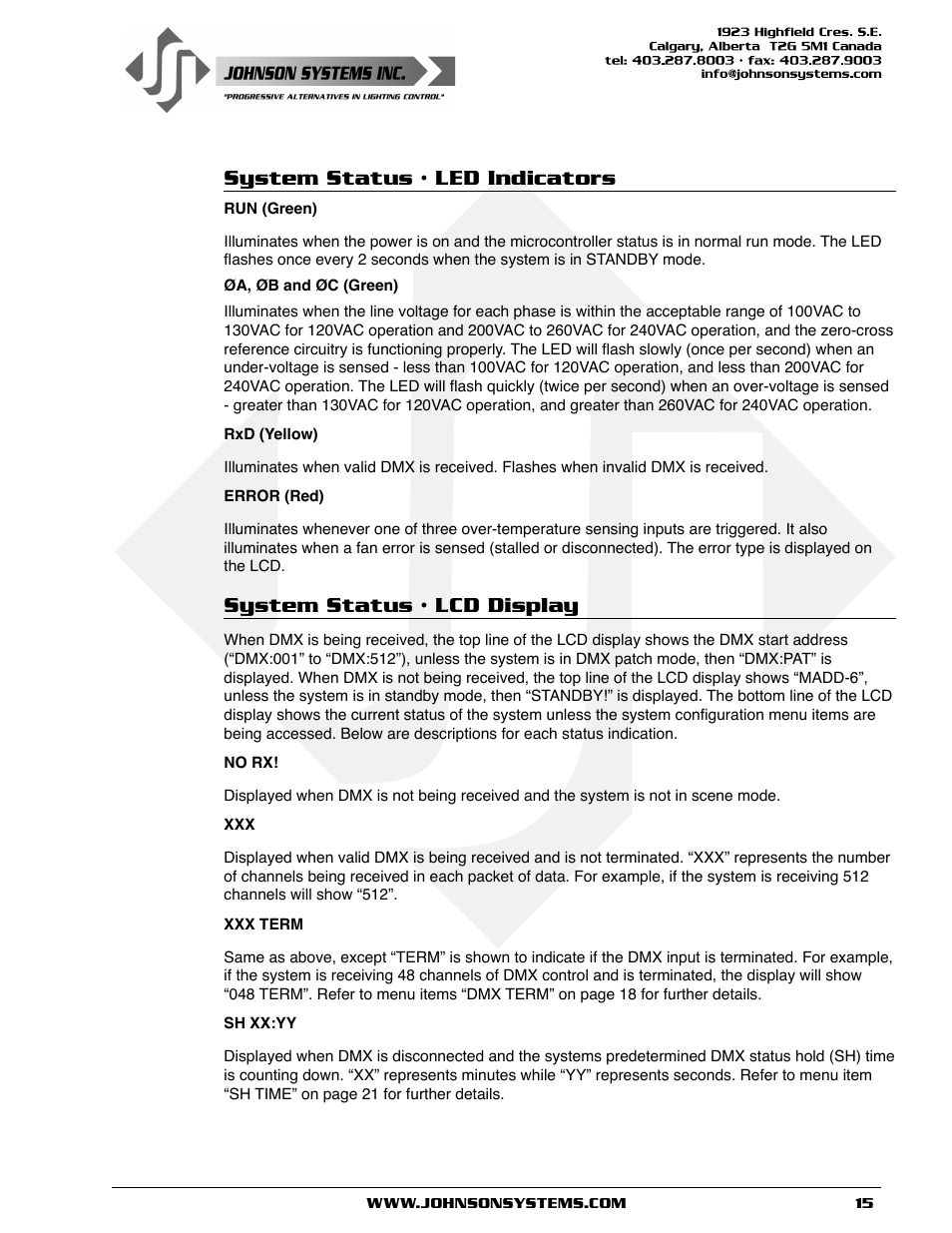 System status • led indicators, System status • lcd display | Johnson Systems J-PACK Series Dimmers User Manual | Page 15 / 32