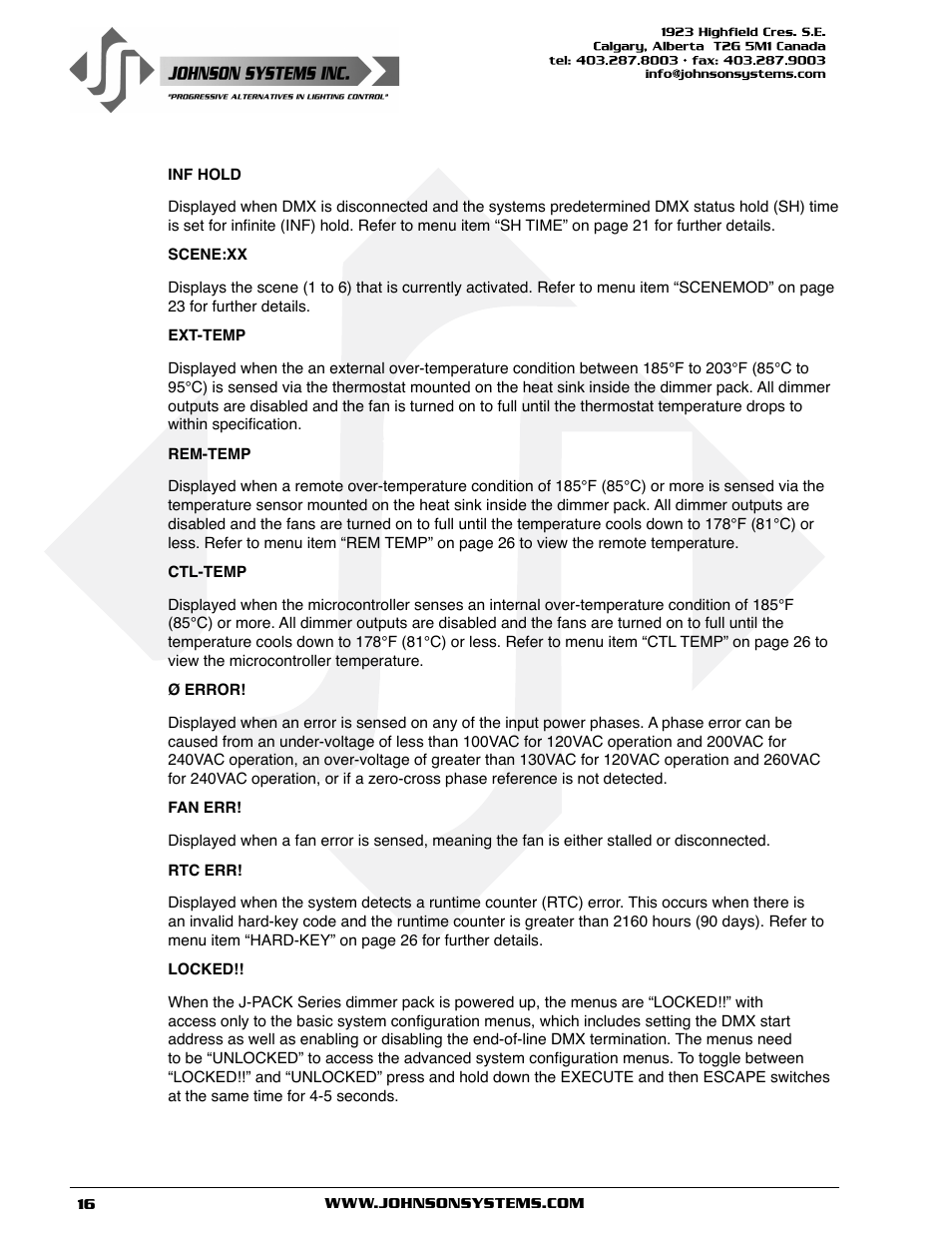 Johnson Systems J-PACK Series Dimmers User Manual | Page 16 / 32