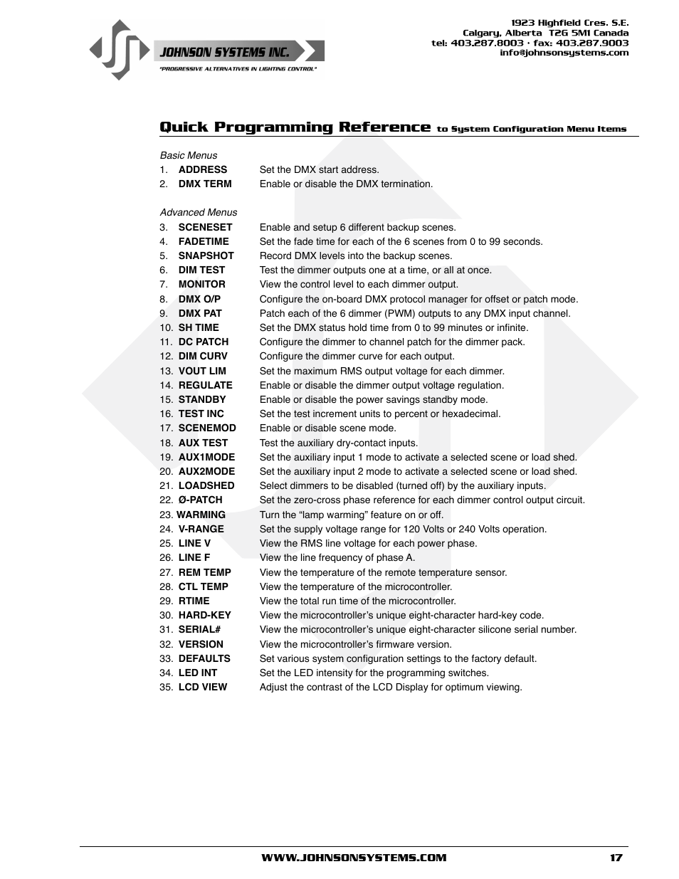 Quick programming reference | Johnson Systems J-PACK Series Dimmers User Manual | Page 17 / 32