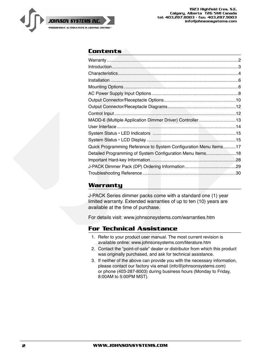 Johnson Systems J-PACK Series Dimmers User Manual | Page 2 / 32