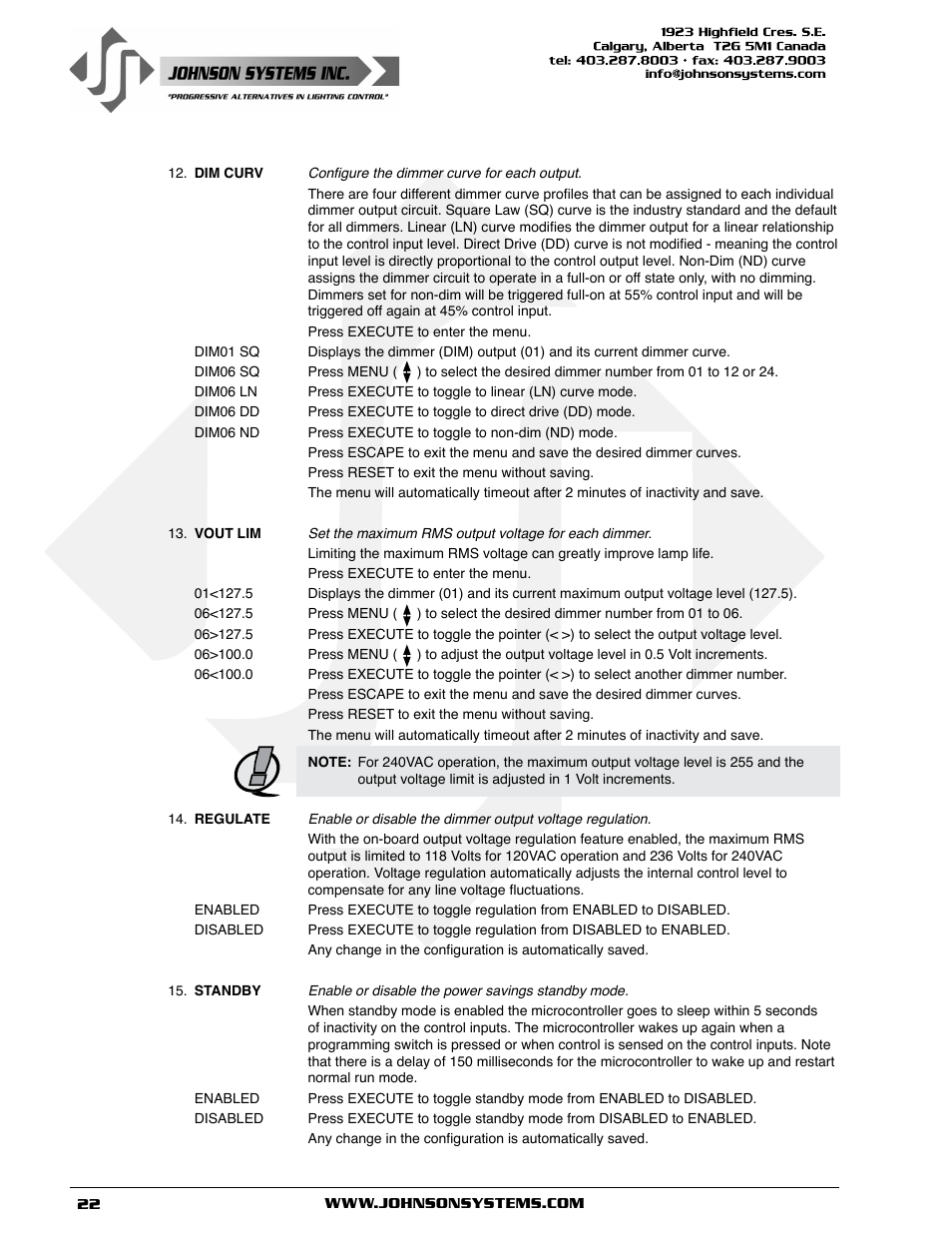 Johnson Systems J-PACK Series Dimmers User Manual | Page 22 / 32