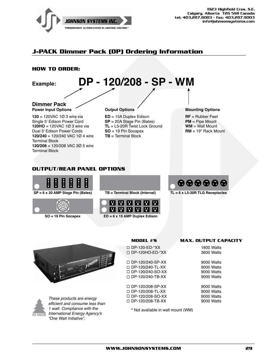 J-pack dimmer pack (dp) ordering information | Johnson Systems J-PACK Series Dimmers User Manual | Page 29 / 32