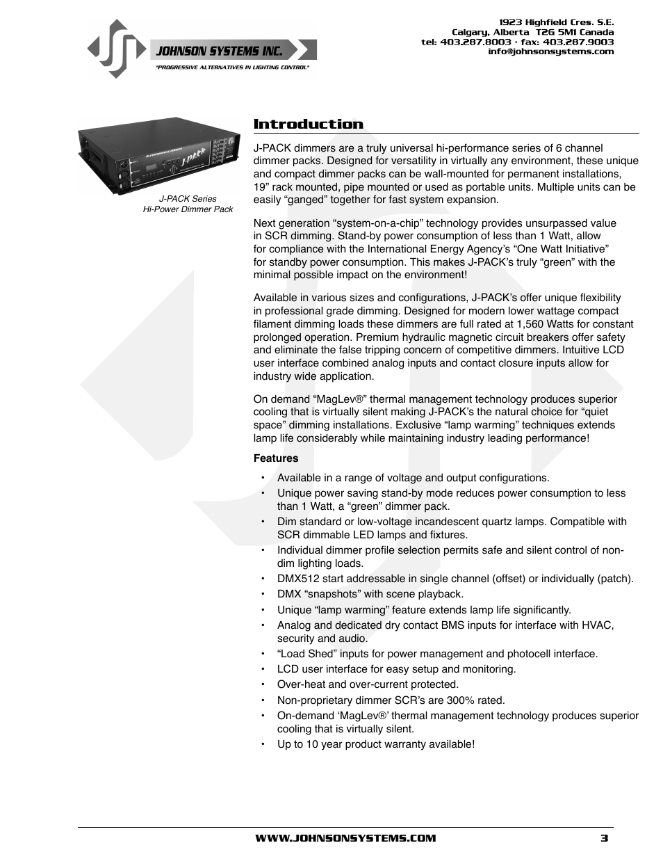 Introduction | Johnson Systems J-PACK Series Dimmers User Manual | Page 3 / 32