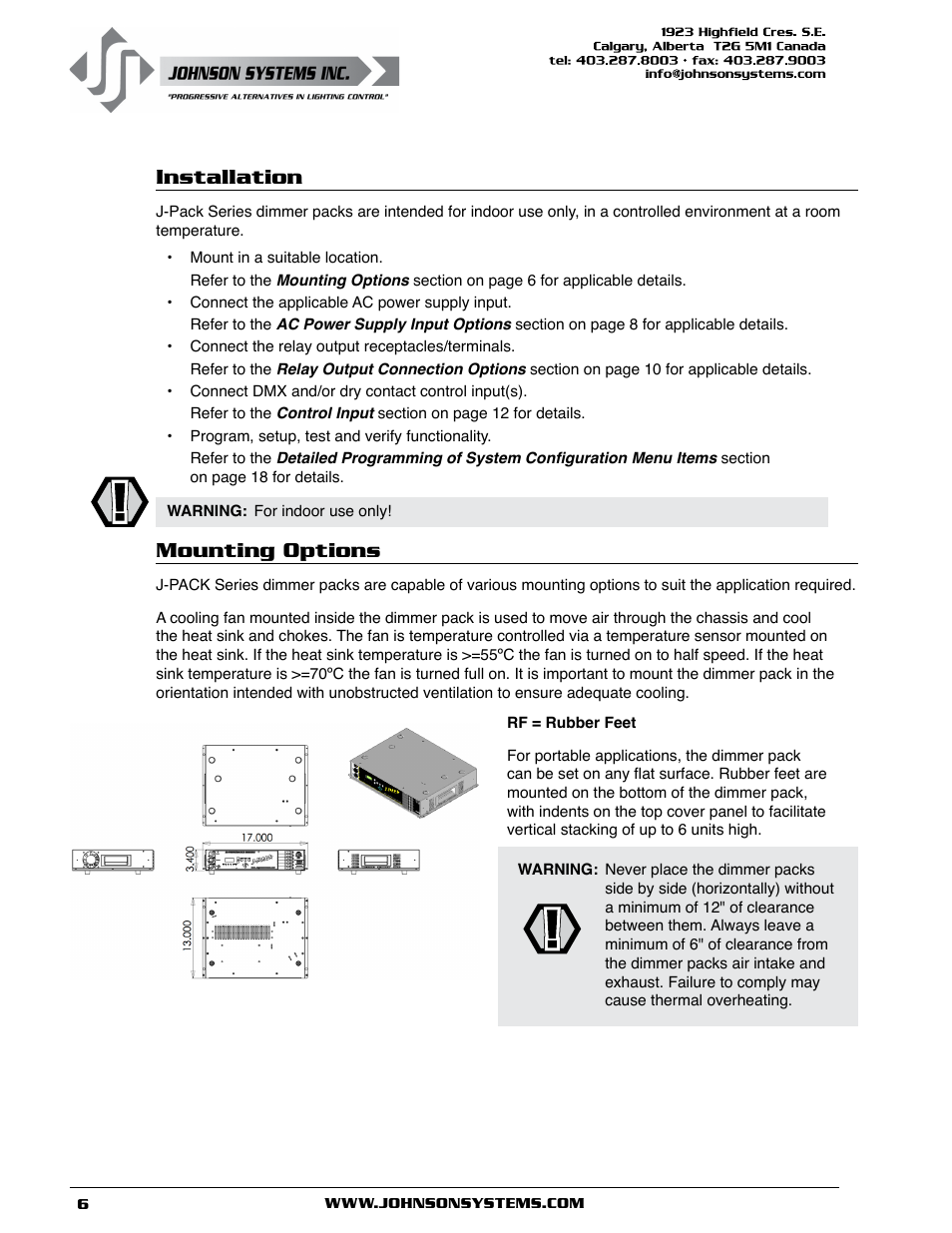 Installation mounting options, Installation, Mounting options | Johnson Systems J-PACK Series Dimmers User Manual | Page 6 / 32