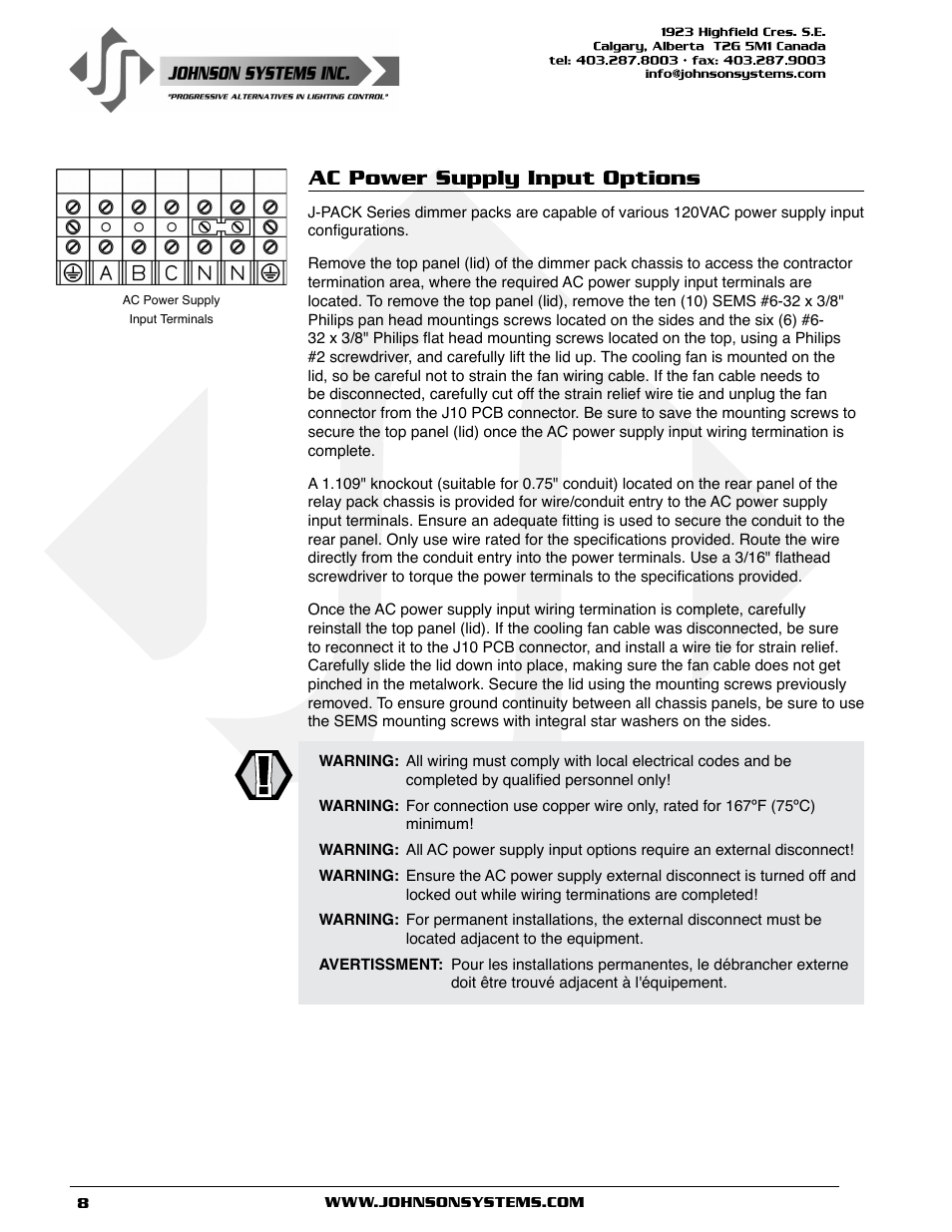 Ac power supply input options | Johnson Systems J-PACK Series Dimmers User Manual | Page 8 / 32