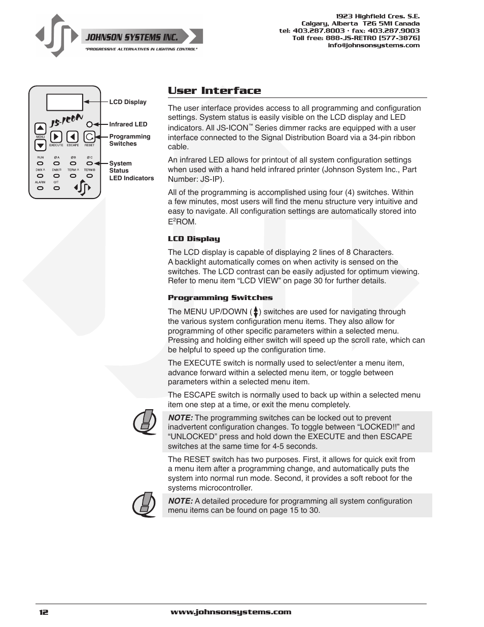 User interface | Johnson Systems JS-ICON Series Dimmer/Relay Rack (2410,2413,1220,1210/620) User Manual | Page 12 / 34