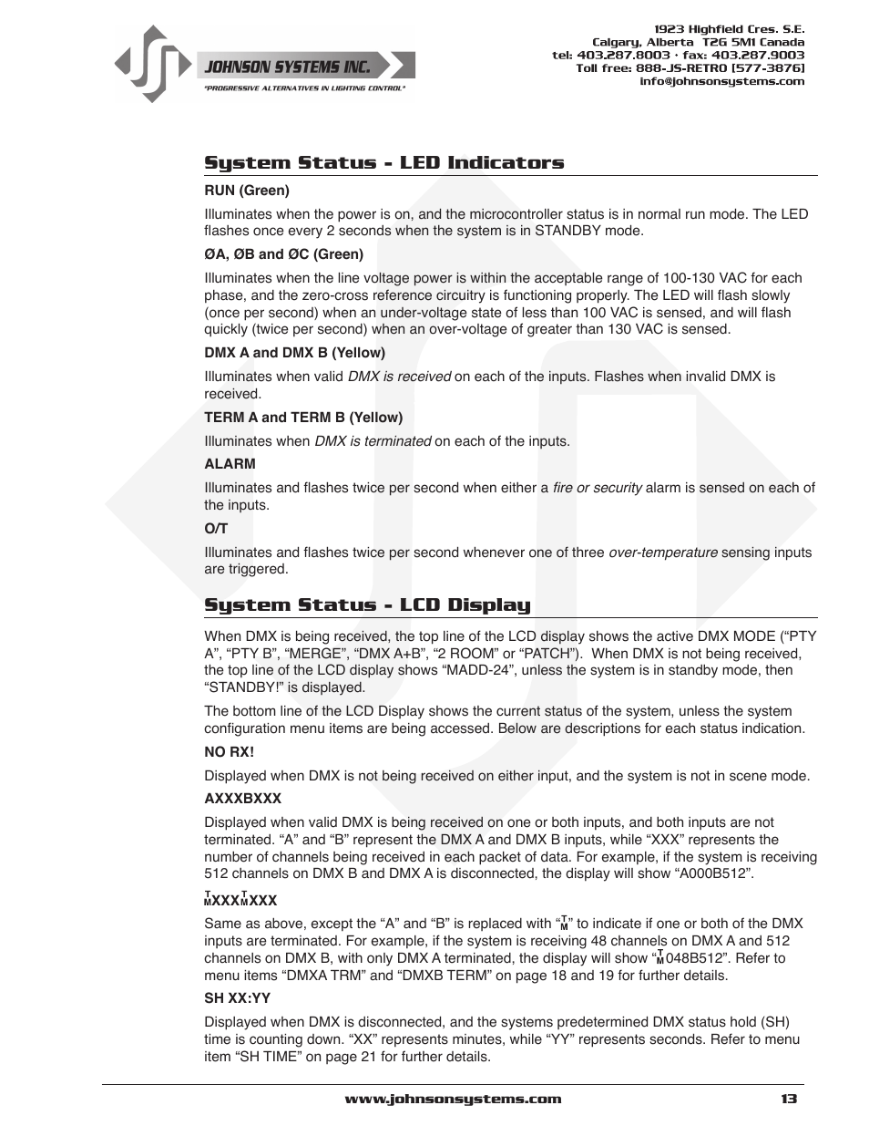 System status - led indicators, System status - lcd display | Johnson Systems JS-ICON Series Dimmer/Relay Rack (2410,2413,1220,1210/620) User Manual | Page 13 / 34