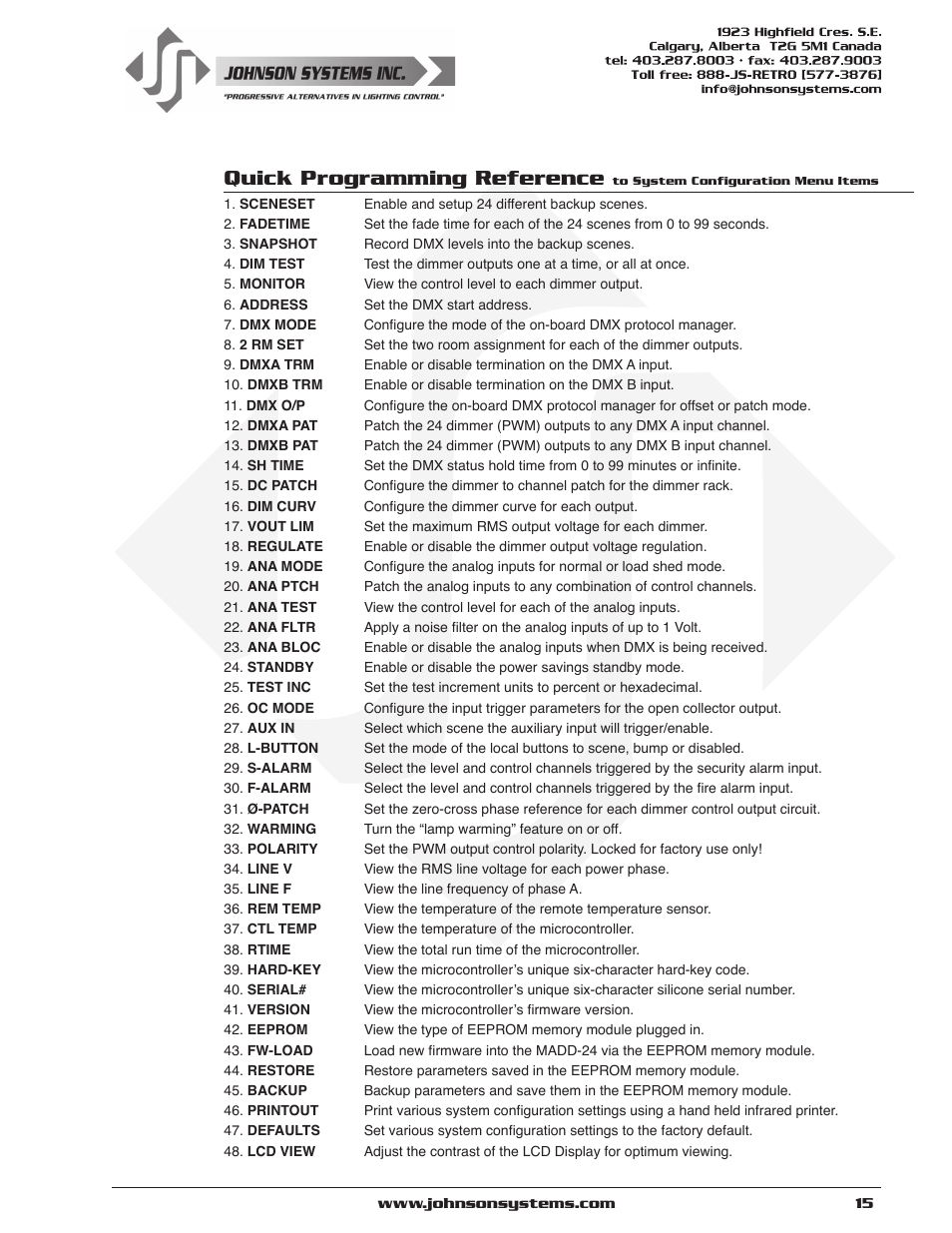 Quick programming reference | Johnson Systems JS-ICON Series Dimmer/Relay Rack (2410,2413,1220,1210/620) User Manual | Page 15 / 34