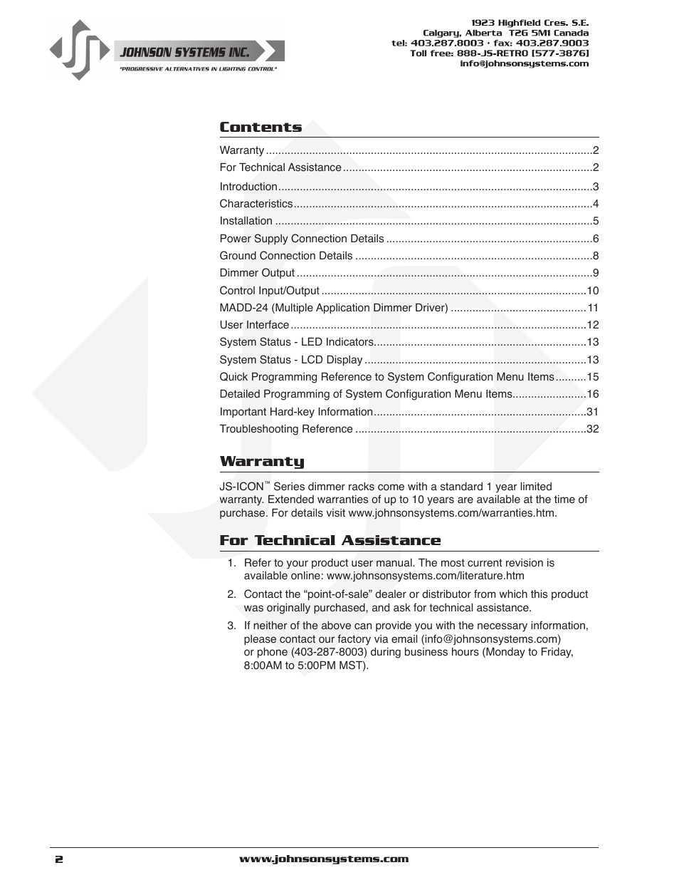 Johnson Systems JS-ICON Series Dimmer/Relay Rack (2410,2413,1220,1210/620) User Manual | Page 2 / 34