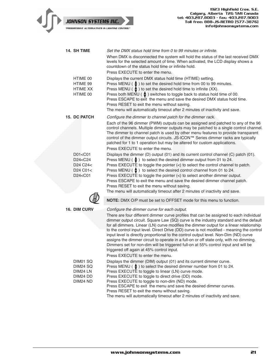 Johnson Systems JS-ICON Series Dimmer/Relay Rack (2410,2413,1220,1210/620) User Manual | Page 21 / 34