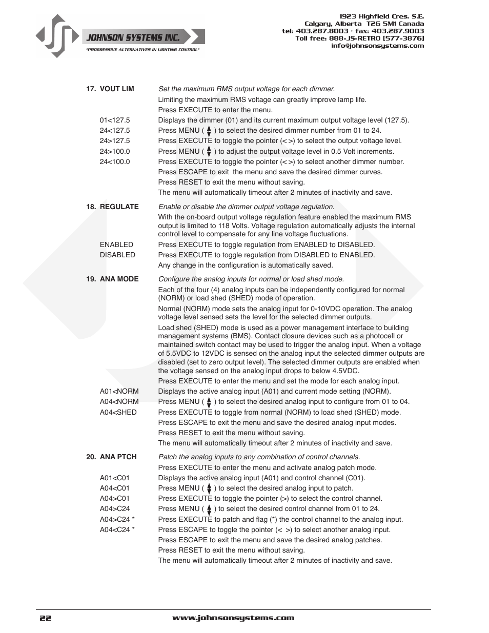 Johnson Systems JS-ICON Series Dimmer/Relay Rack (2410,2413,1220,1210/620) User Manual | Page 22 / 34