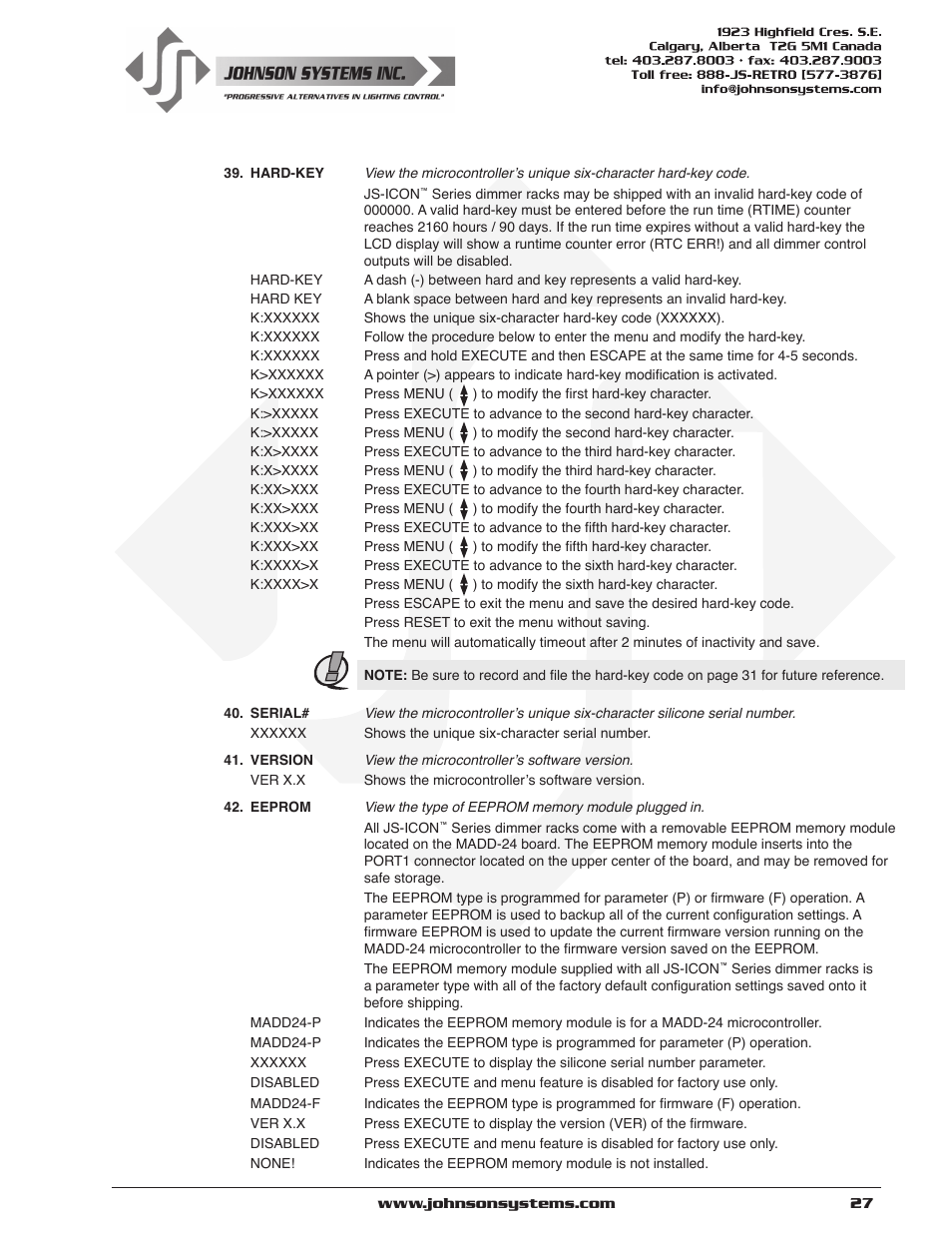 Johnson Systems JS-ICON Series Dimmer/Relay Rack (2410,2413,1220,1210/620) User Manual | Page 27 / 34