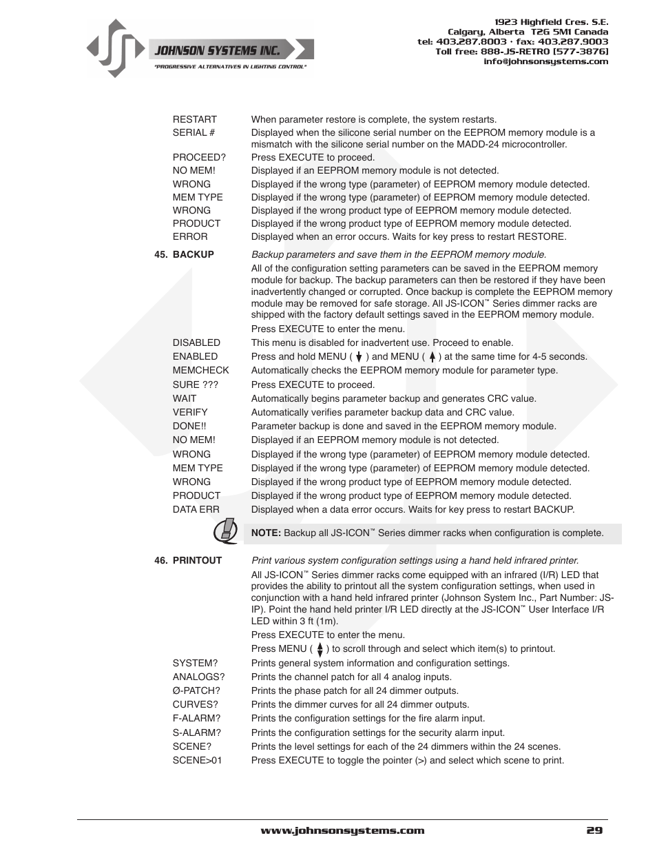 Johnson Systems JS-ICON Series Dimmer/Relay Rack (2410,2413,1220,1210/620) User Manual | Page 29 / 34