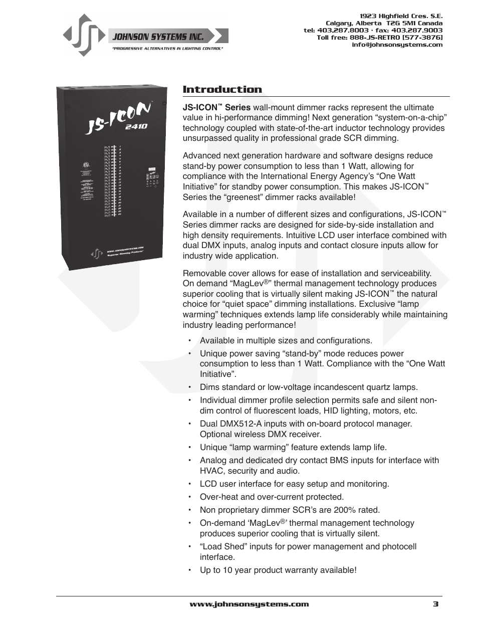 Introduction | Johnson Systems JS-ICON Series Dimmer/Relay Rack (2410,2413,1220,1210/620) User Manual | Page 3 / 34