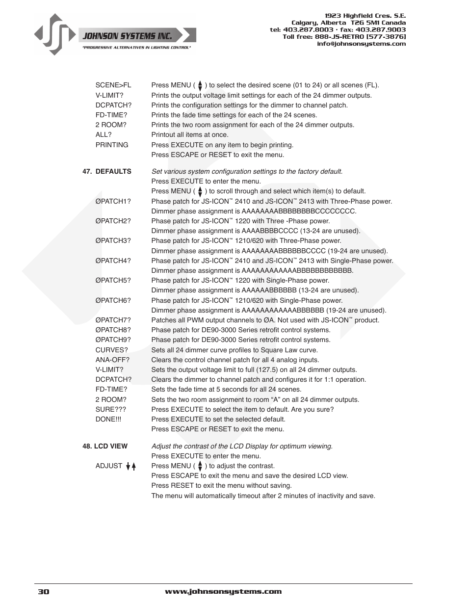 Johnson Systems JS-ICON Series Dimmer/Relay Rack (2410,2413,1220,1210/620) User Manual | Page 30 / 34