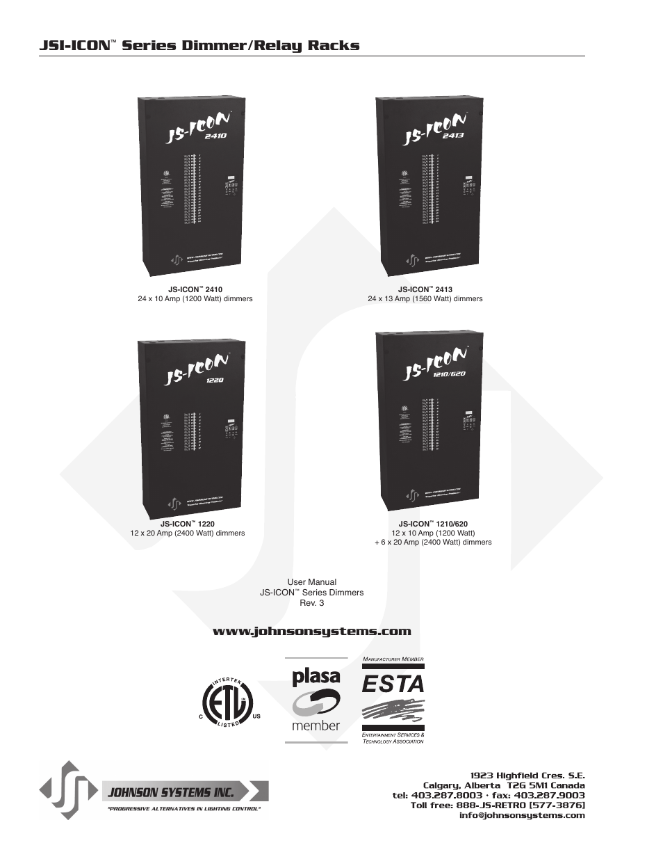 Jsi-icon, Series dimmer/relay racks | Johnson Systems JS-ICON Series Dimmer/Relay Rack (2410,2413,1220,1210/620) User Manual | Page 34 / 34