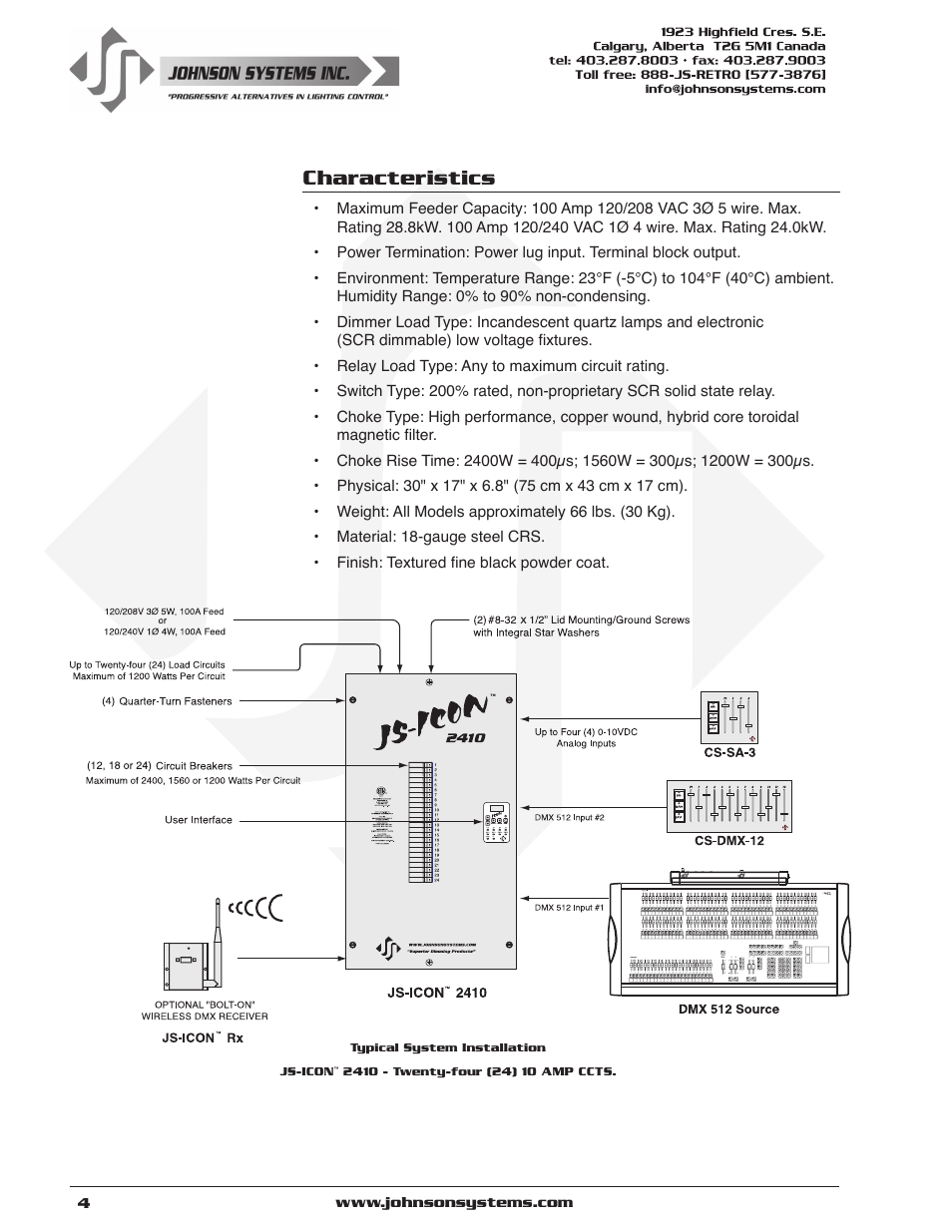 Characteristics | Johnson Systems JS-ICON Series Dimmer/Relay Rack (2410,2413,1220,1210/620) User Manual | Page 4 / 34