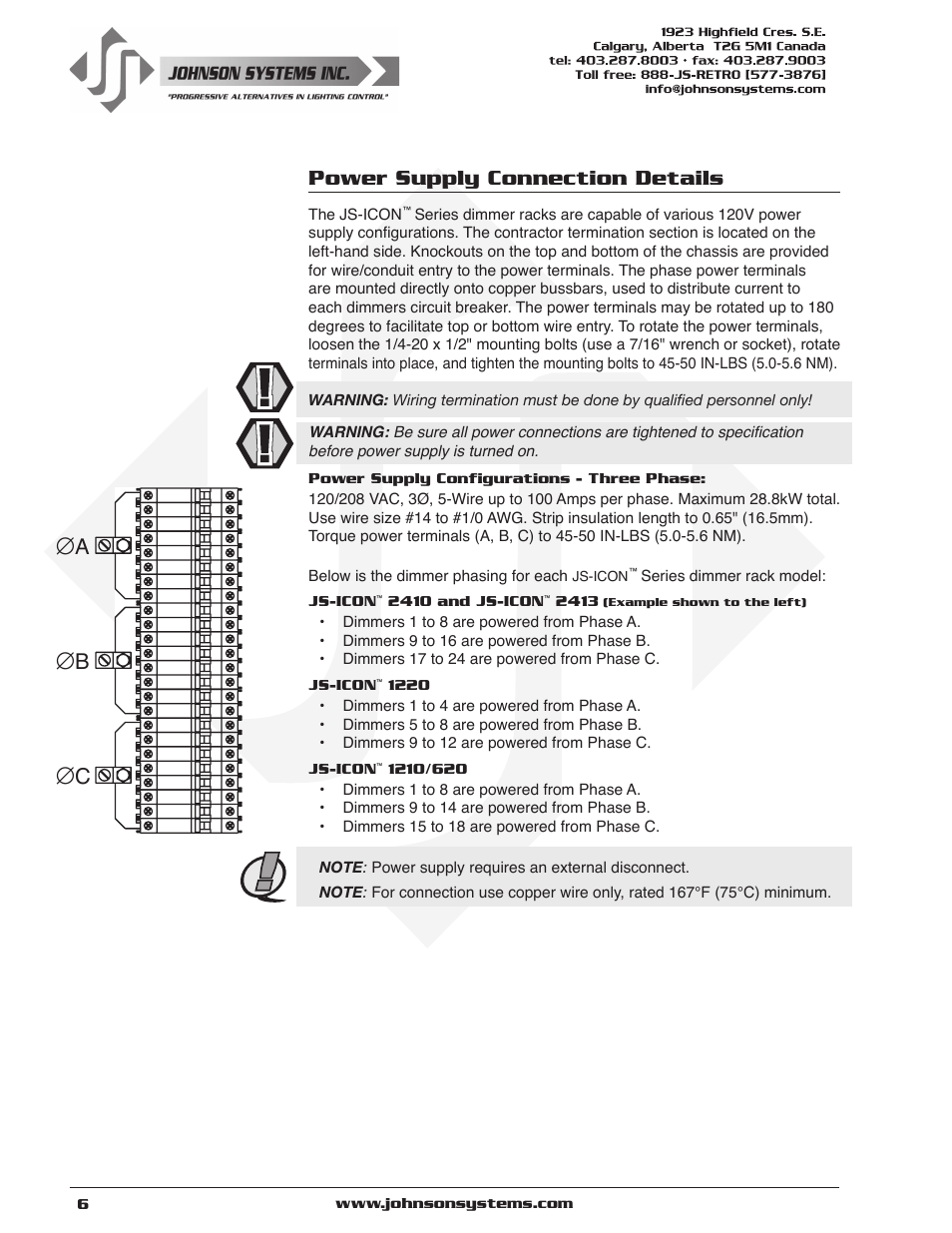 Power supply connection details | Johnson Systems JS-ICON Series Dimmer/Relay Rack (2410,2413,1220,1210/620) User Manual | Page 6 / 34