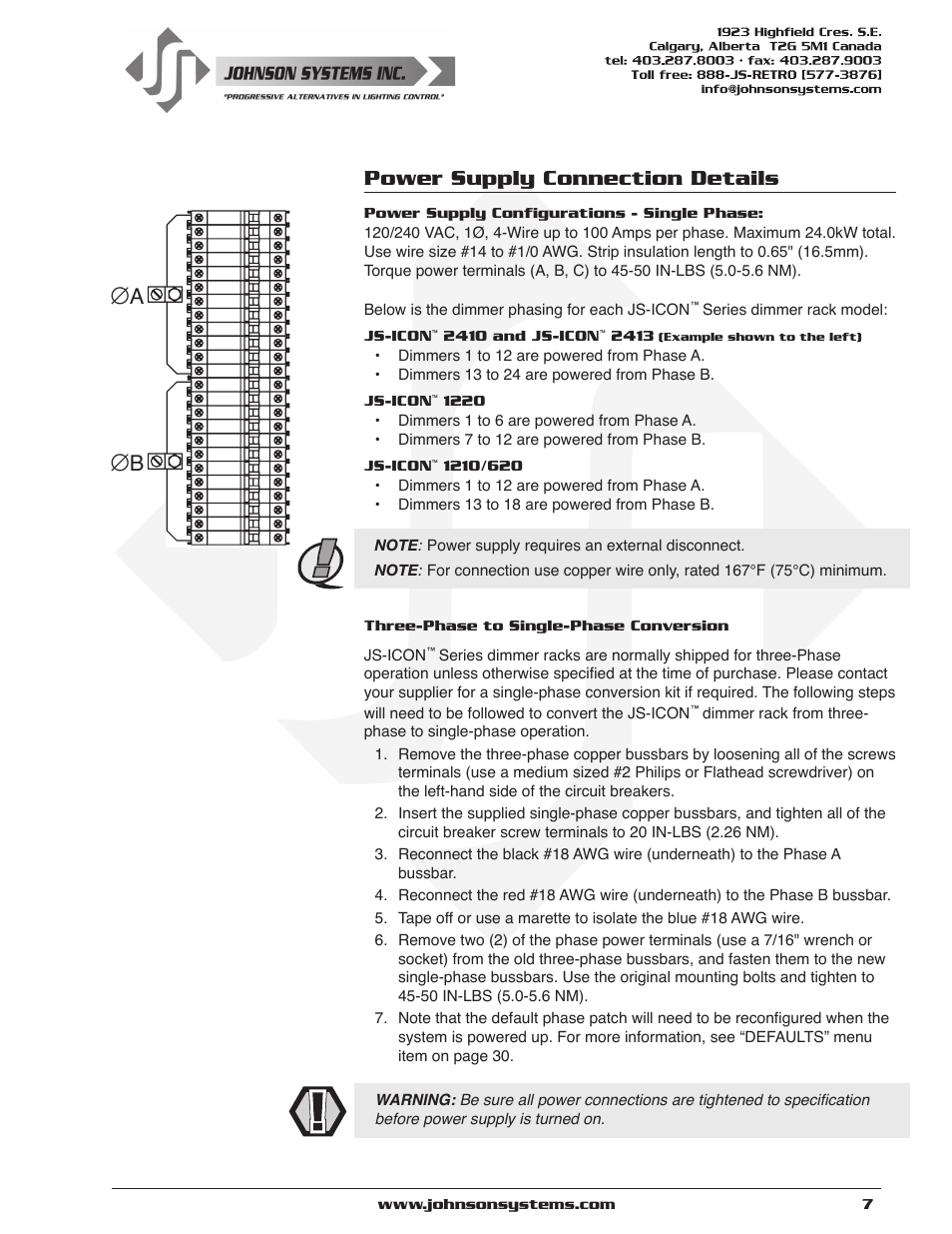 Power supply connection details | Johnson Systems JS-ICON Series Dimmer/Relay Rack (2410,2413,1220,1210/620) User Manual | Page 7 / 34