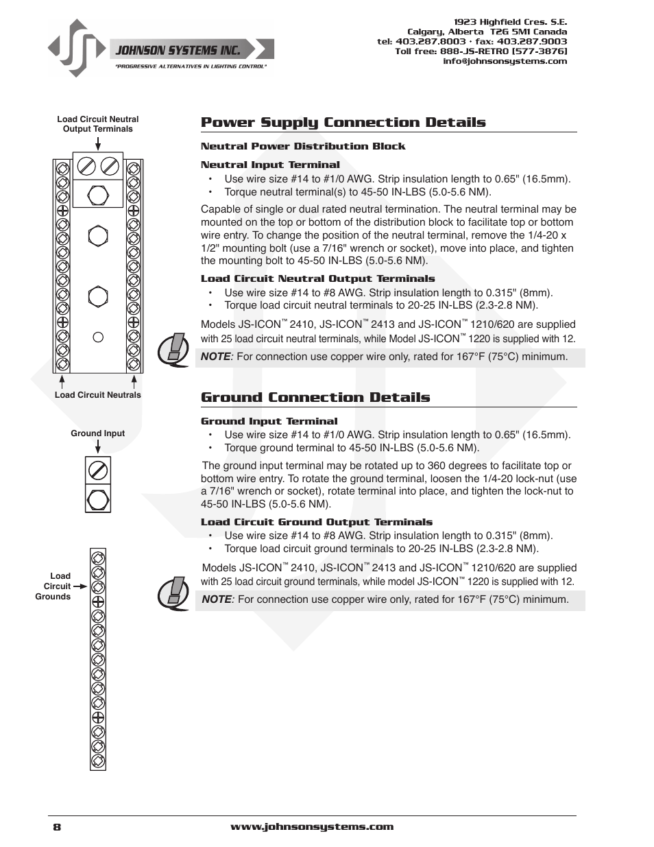 Ground connection details, Power supply connection details | Johnson Systems JS-ICON Series Dimmer/Relay Rack (2410,2413,1220,1210/620) User Manual | Page 8 / 34