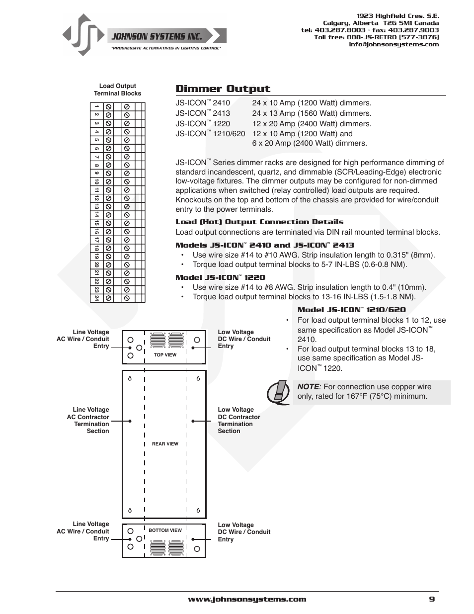 Dimmer output | Johnson Systems JS-ICON Series Dimmer/Relay Rack (2410,2413,1220,1210/620) User Manual | Page 9 / 34