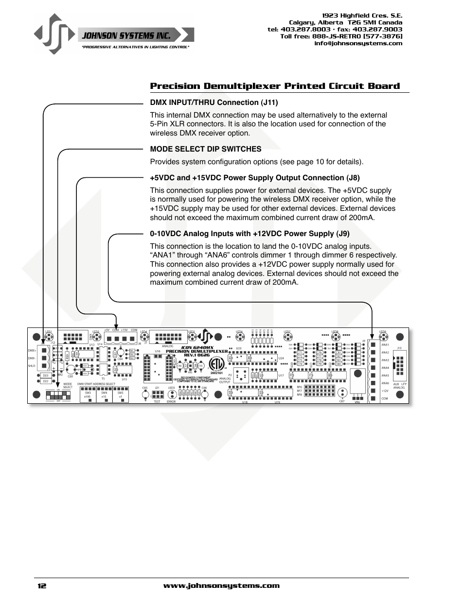 Precision demultiplexer printed circuit board | Johnson Systems JS-ICON 624 ARCH Dimmer Rack User Manual | Page 12 / 16