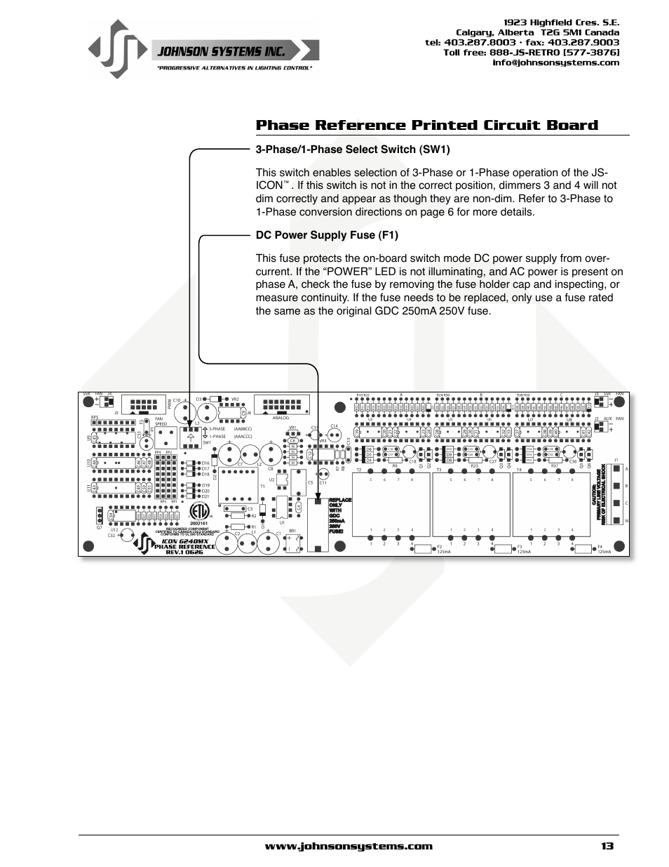 Phase reference printed circuit board | Johnson Systems JS-ICON 624 ARCH Dimmer Rack User Manual | Page 13 / 16