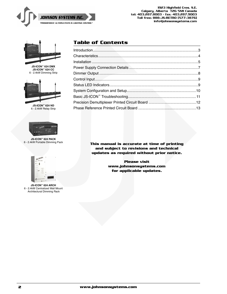 Johnson Systems JS-ICON 624 ARCH Dimmer Rack User Manual | Page 2 / 16