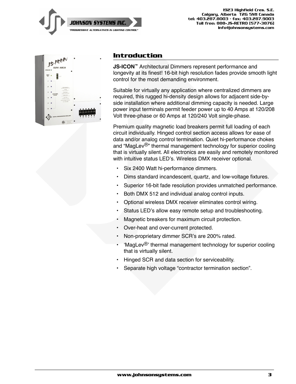 Introduction | Johnson Systems JS-ICON 624 ARCH Dimmer Rack User Manual | Page 3 / 16