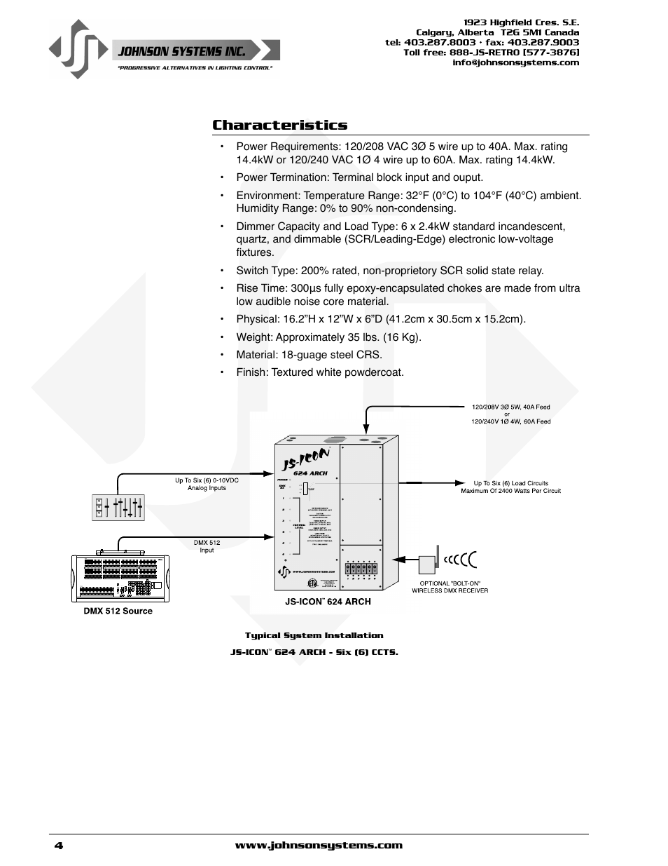 Characteristics | Johnson Systems JS-ICON 624 ARCH Dimmer Rack User Manual | Page 4 / 16
