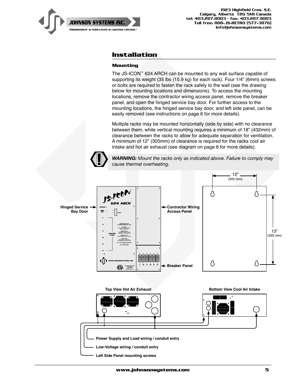 Installation | Johnson Systems JS-ICON 624 ARCH Dimmer Rack User Manual | Page 5 / 16