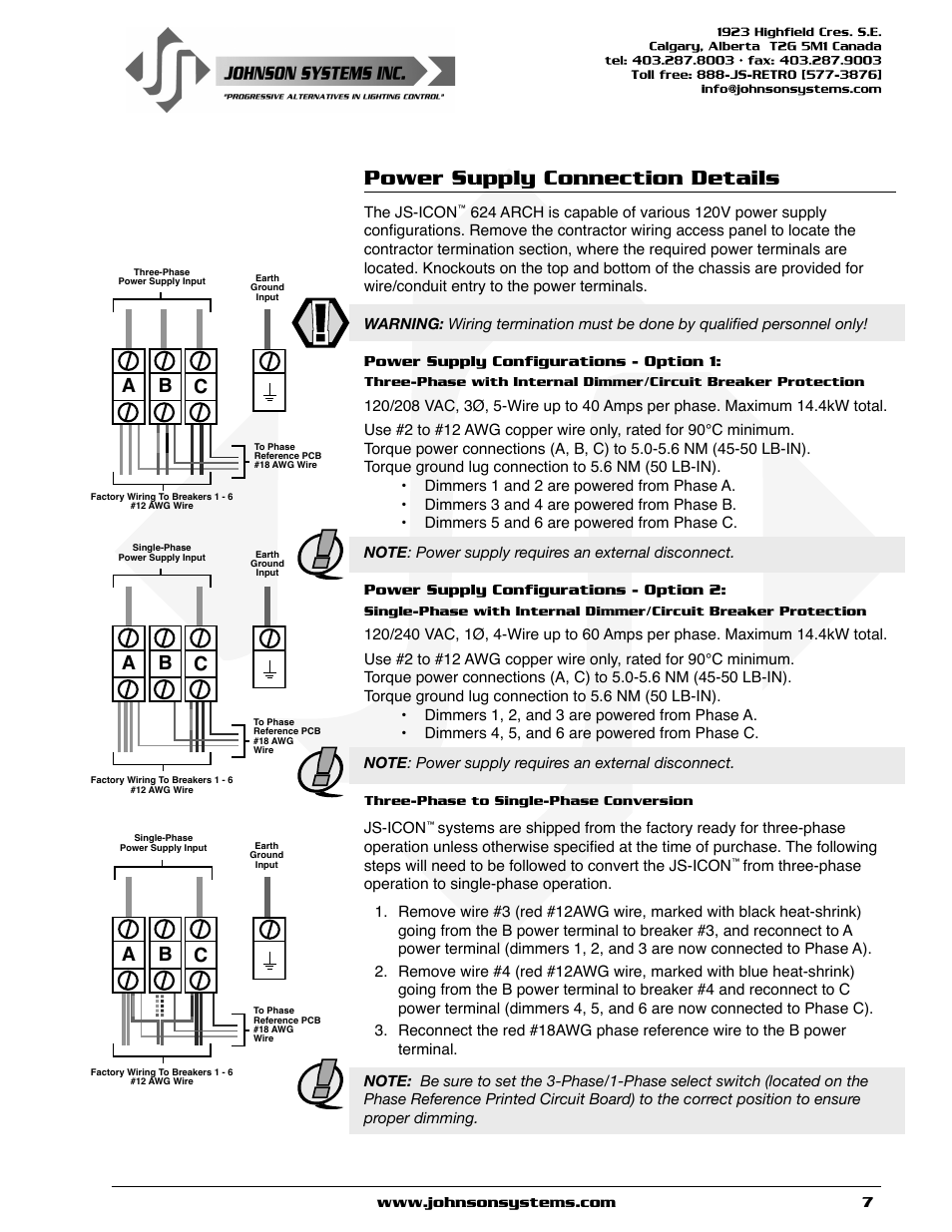 Power supply connection details, A b c | Johnson Systems JS-ICON 624 ARCH Dimmer Rack User Manual | Page 7 / 16