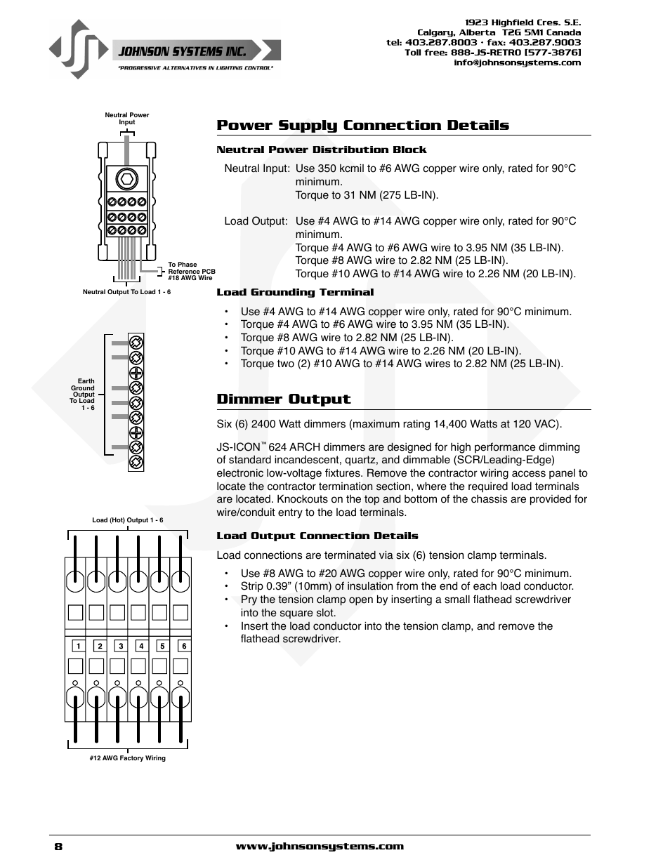 Power supply connection details, Dimmer output | Johnson Systems JS-ICON 624 ARCH Dimmer Rack User Manual | Page 8 / 16
