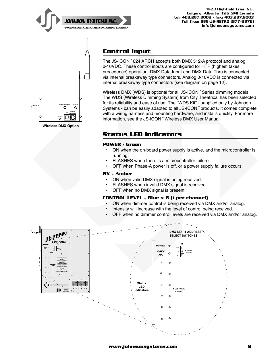Control input, Status led indicators | Johnson Systems JS-ICON 624 ARCH Dimmer Rack User Manual | Page 9 / 16
