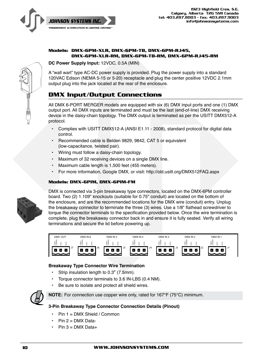 Dmx input/output connections | Johnson Systems DMX 6-PORT MERGER User Manual | Page 10 / 26