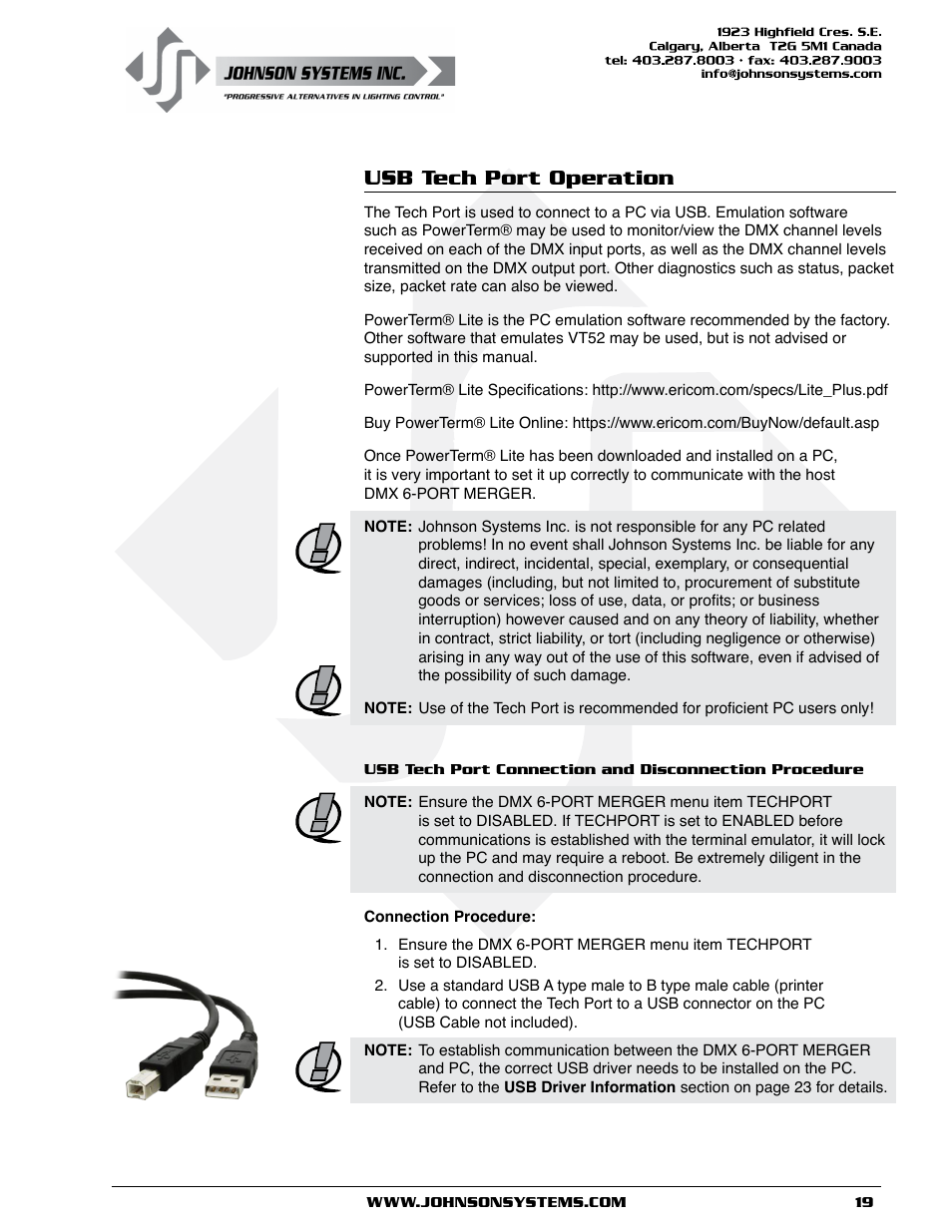 Usb tech port operation | Johnson Systems DMX 6-PORT MERGER User Manual | Page 19 / 26