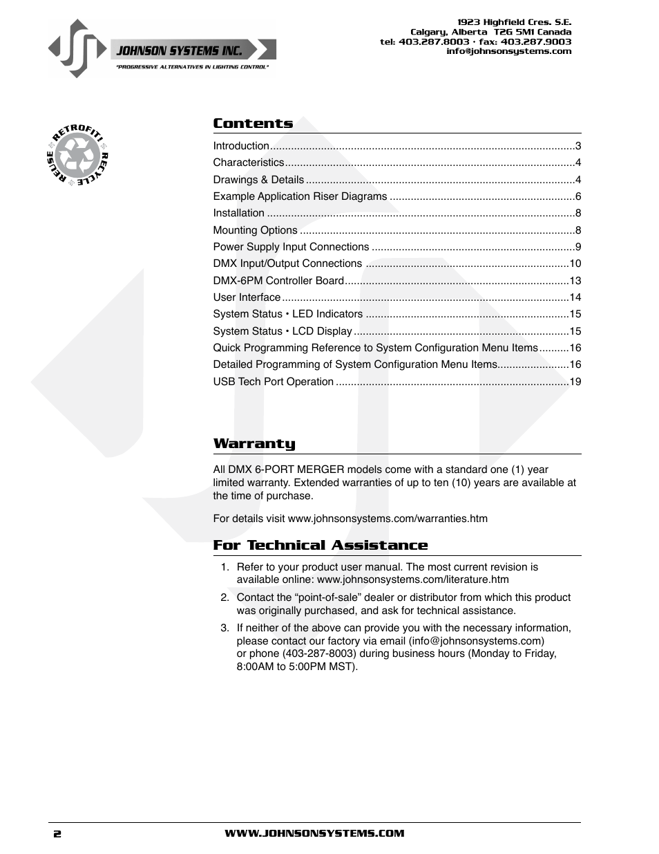 Johnson Systems DMX 6-PORT MERGER User Manual | Page 2 / 26