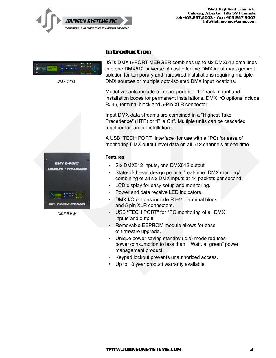 Introduction | Johnson Systems DMX 6-PORT MERGER User Manual | Page 3 / 26