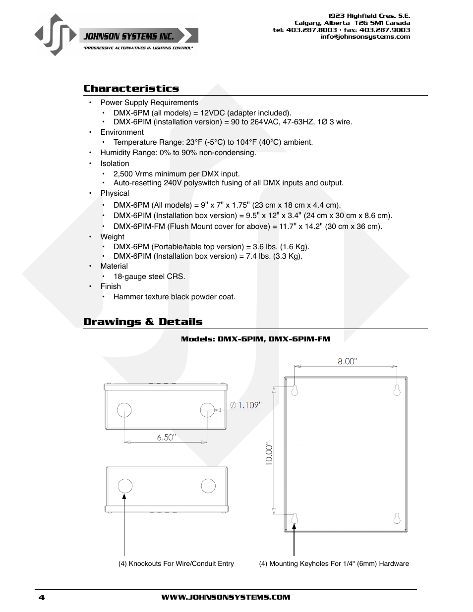 Characteristics, Drawings & details, Characteristics drawings & details | Johnson Systems DMX 6-PORT MERGER User Manual | Page 4 / 26