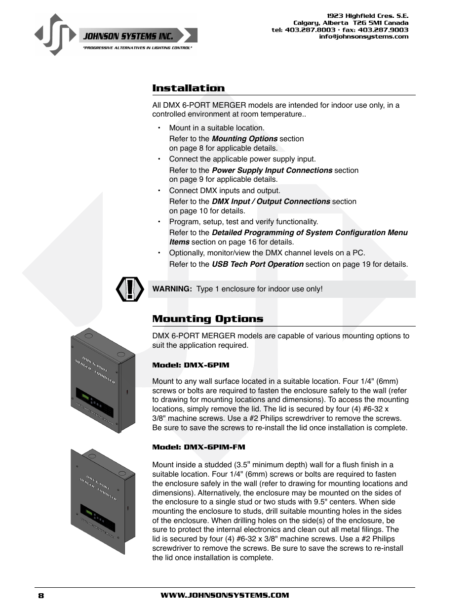 Installation, Mounting options, Installation mounting options | Johnson Systems DMX 6-PORT MERGER User Manual | Page 8 / 26